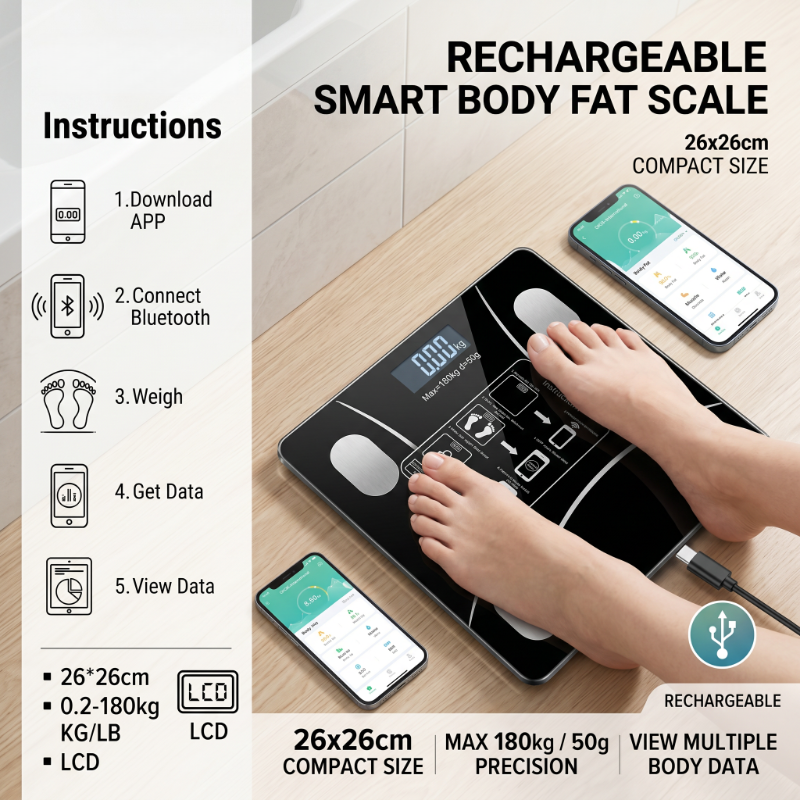 Digital Body Weight Scale - 26X26cm Rechargeable Model Smart Body Fat
